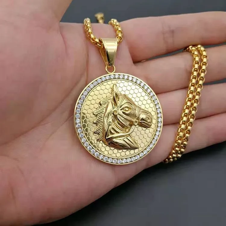 Stainless Steel Gold-Plated Zircon Horse Head Pendant