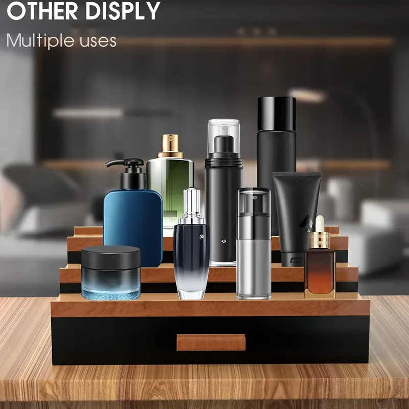 3-Tier Black Walnut Wooden Cologne Organizer with Drawer
