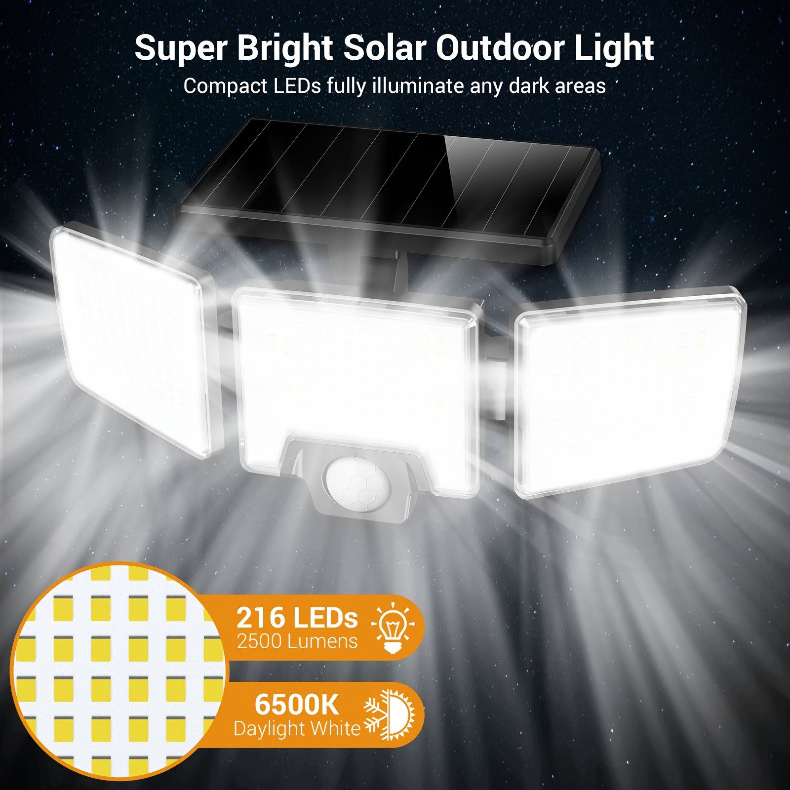 Solar Motion Lights Outdoor 2500LM 216 LED Security Lights with Remote Control, 3 Heads Motion Sensor Lights for Garden, Garage, Eave
