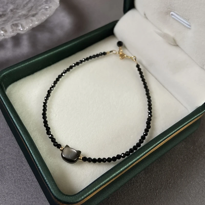 Adjustable Black Cat Charm Bracelet for Women Cute Boho Style with Spinel Beads, Perfect for Valentine's Day or Birthday Gift, Daily Wear Jewelry