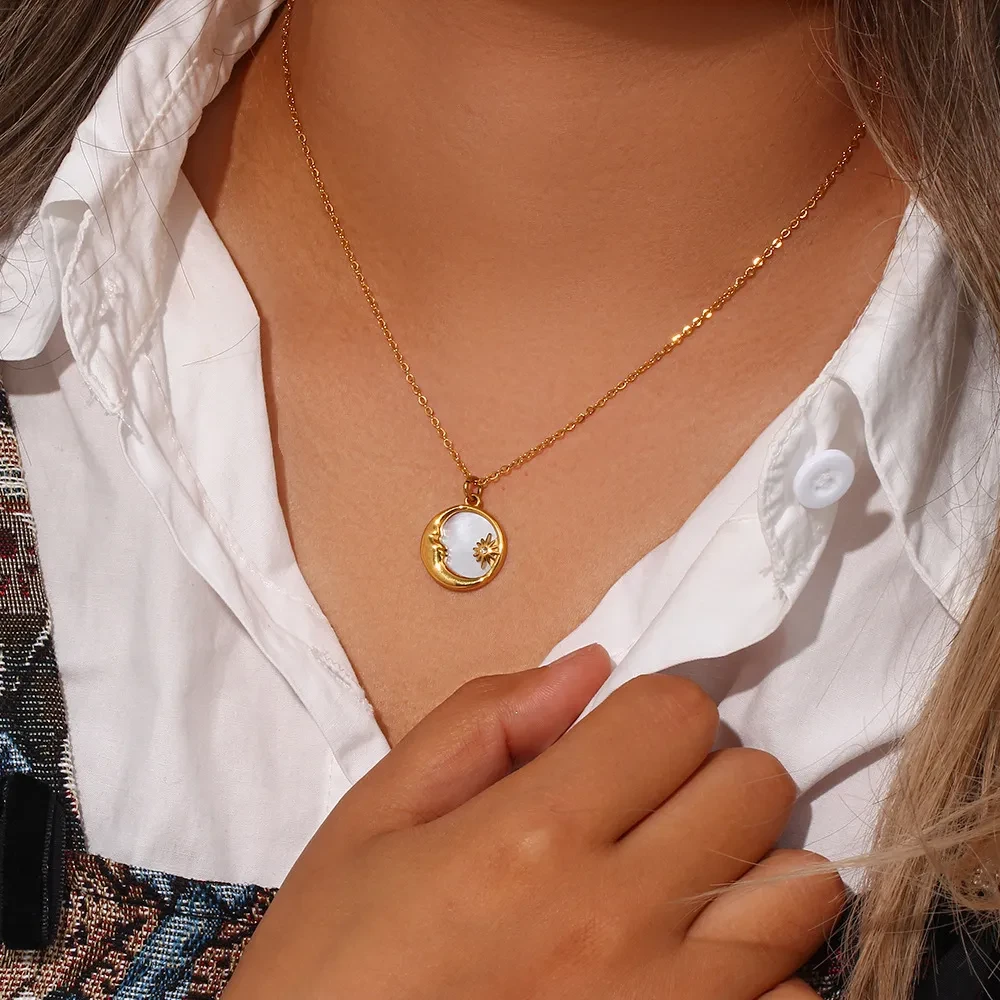 Natural Stainless Steel Shell Moon Star Pendant Necklace