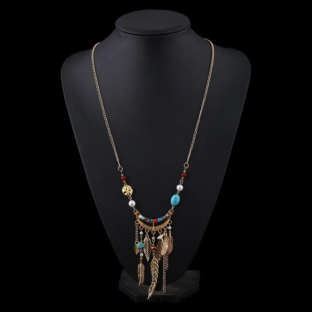 Long Sweater Chain Tassel Leaf Pendant