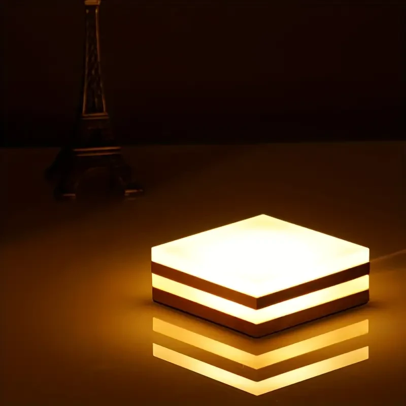 Square Wooden Art Table Lamp 3 Colors, 9 Adjustable Brightness Levels, USB Energy-Saving, Natural Warm White Light, LED, with Push Button Control, Dimmable, Made of Real Wood, for Bedroom, Study, Living Room, Indoor Use