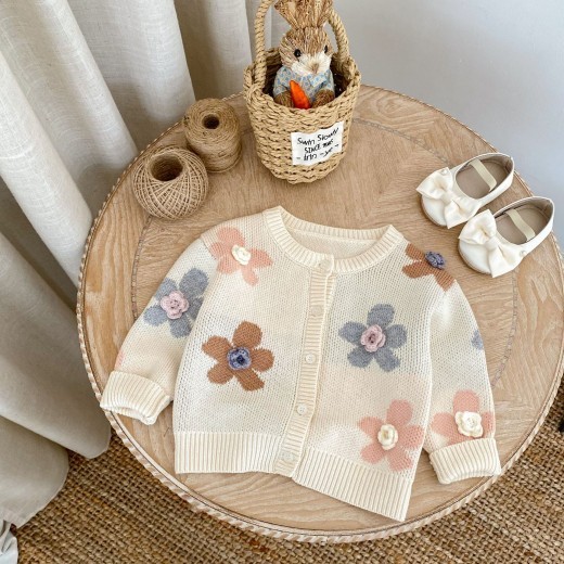 Hand Crocheting Flower Jacquard Round Neck Cardigan Knitted Coat