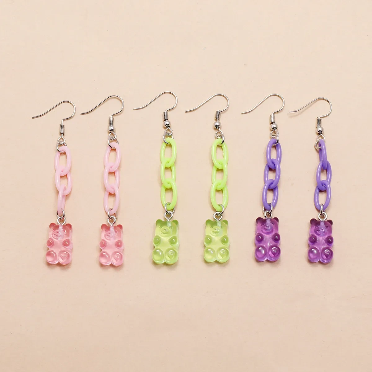 Tricolor Resin Bear Pendant Tassel Earrings