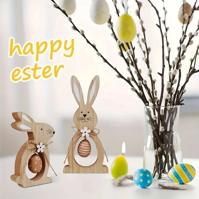 wooden bunny, egg, and flower-themed party centerpiece