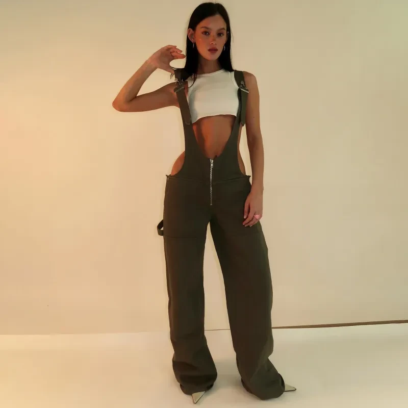Y2K Denim Overalls With Pockets Fashion Loose Jumpsuit Streetwear Zipper Jeans Pants