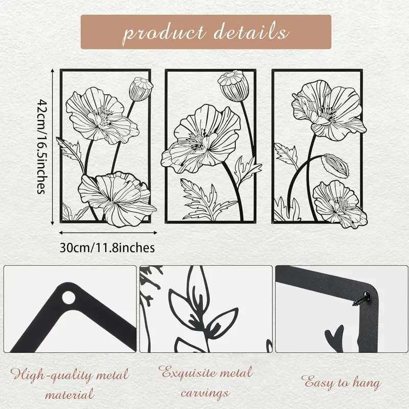 3pcs Black Metal Wall Art  Minimalist Flower Line Wall Sculpture for Bedroom, Bathroom, and Kitchen Decoration