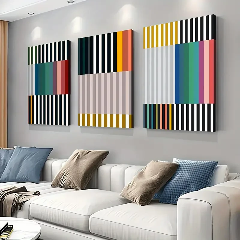 3-Piece Abstract Geometric Canvas Art Print Set Modern & Art Deco Style, Ink on Canvas, Wrap Canvas Frames for Home Office, Living Room, Bedroom, Bathroom, Dining Room - Vertical Orientation