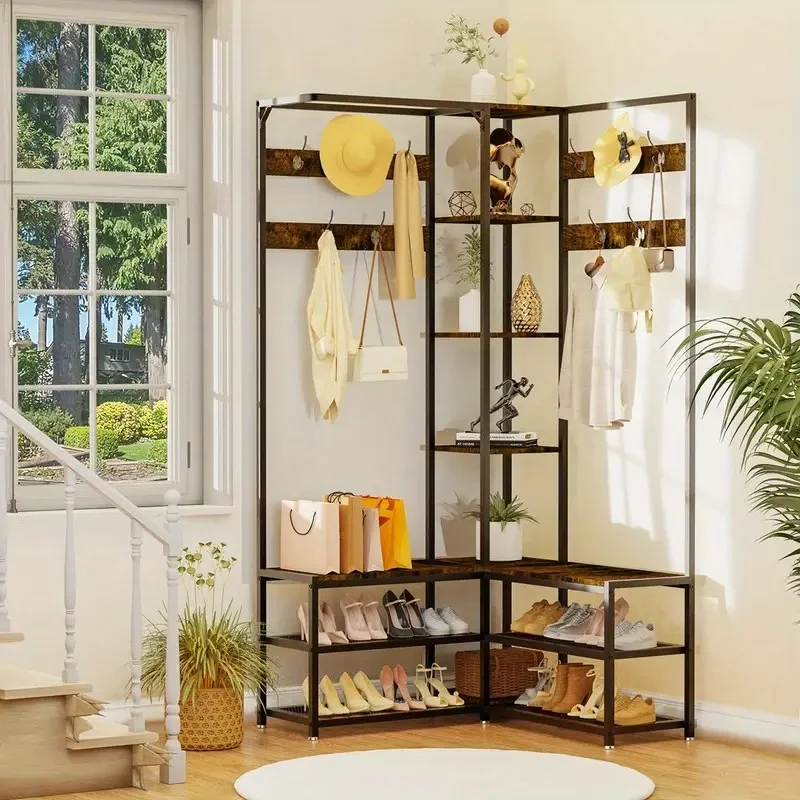 Heavy Duty Freestanding Corner Coat Rack with Shoe Bench & 10 Hooks  Metal & Hardwood Construction, Rustic Brown & Black, Multi-Purpose Entryway Organizer for Hallways, Condos, and Apartments