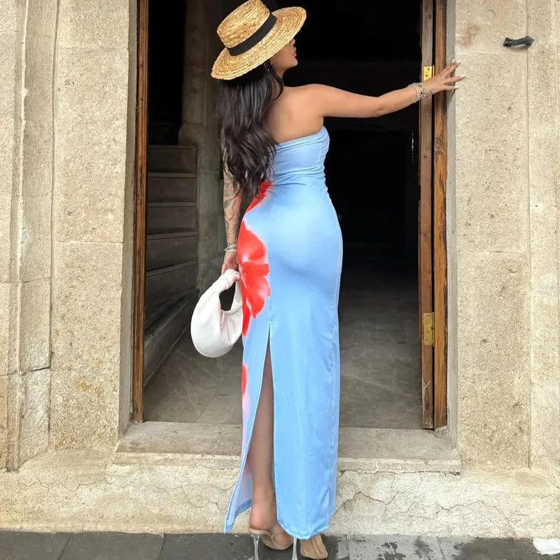Slim Slit Tube Long Dress Summer Sexy Pint Party Beach Dresses