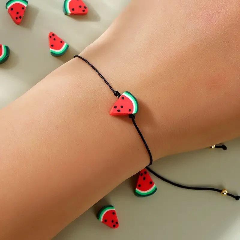 1PC Boho Style Polymer Clay Watermelon Friendship Bracelet for Women and Girls No Plating, Handmade Soft Ceramic Bead, Adjustable Cord Perfect for Beach Vacation, Daily Wear & Lucky Gift