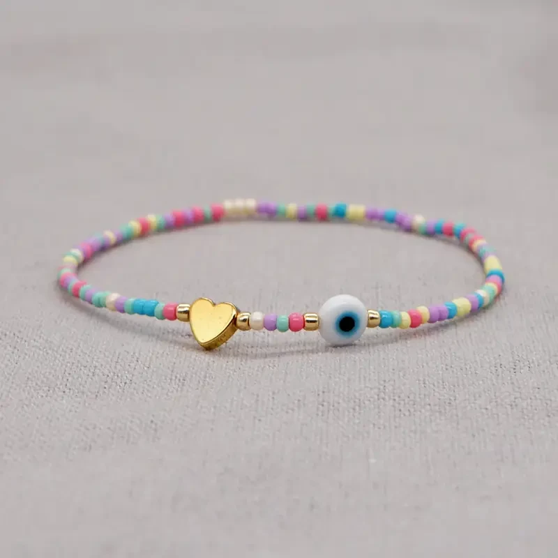 Bohemian Handwoven Glass Bead Bracelet with Heart Charm and Evil Eye Accent, Adjustable Multicolor Strand for Daily Wear and Gift-Giving, No Plating 1PC