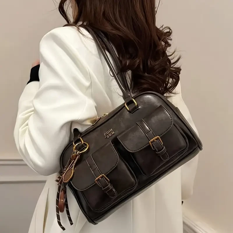 Women's Coffee Brown Multi-Pocket Shoulder Bag with Golden-Tone Hardware & Letter Embellishments Stylish Versatile Crossbody Purse for Travel, Work, Shopping, Dates, Work Handbag
