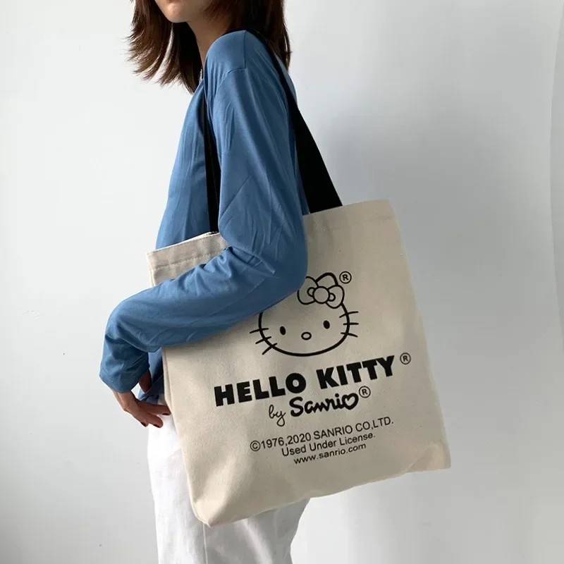 MINISO Disney Women Cute Hello Kitty Canvas Tote Bag Femme Shopping Shoulder Bag, Travel Tote, Luxury Designer Handbag