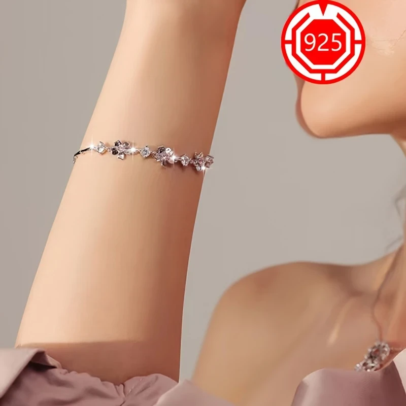 925 Sterling Silver Pink Flower Bracelet Elegant Floral Design with Pink Crystals