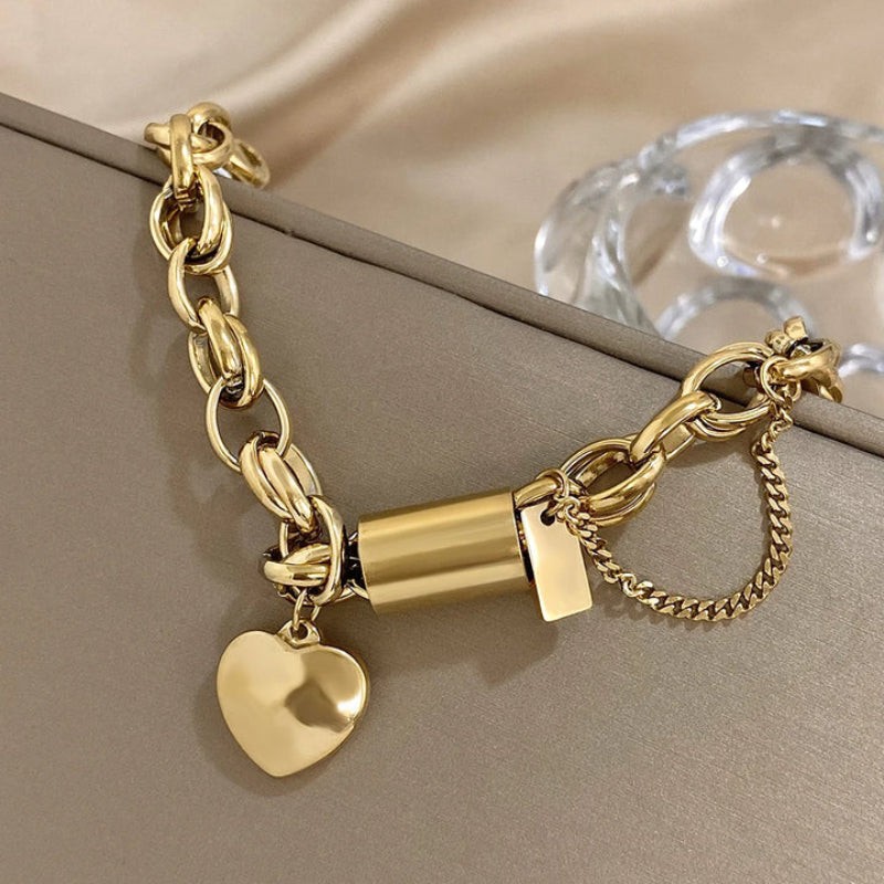 New Stainless Steel Peach Heart Cuban Link Chain Bracelet Suit