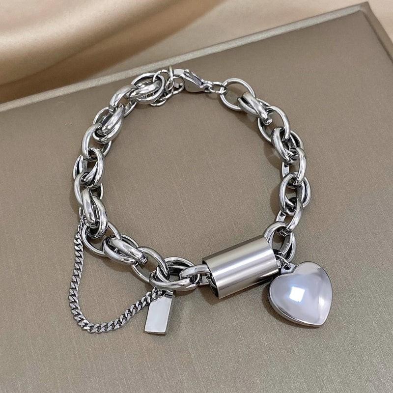 New Stainless Steel Peach Heart Cuban Link Chain Bracelet Suit