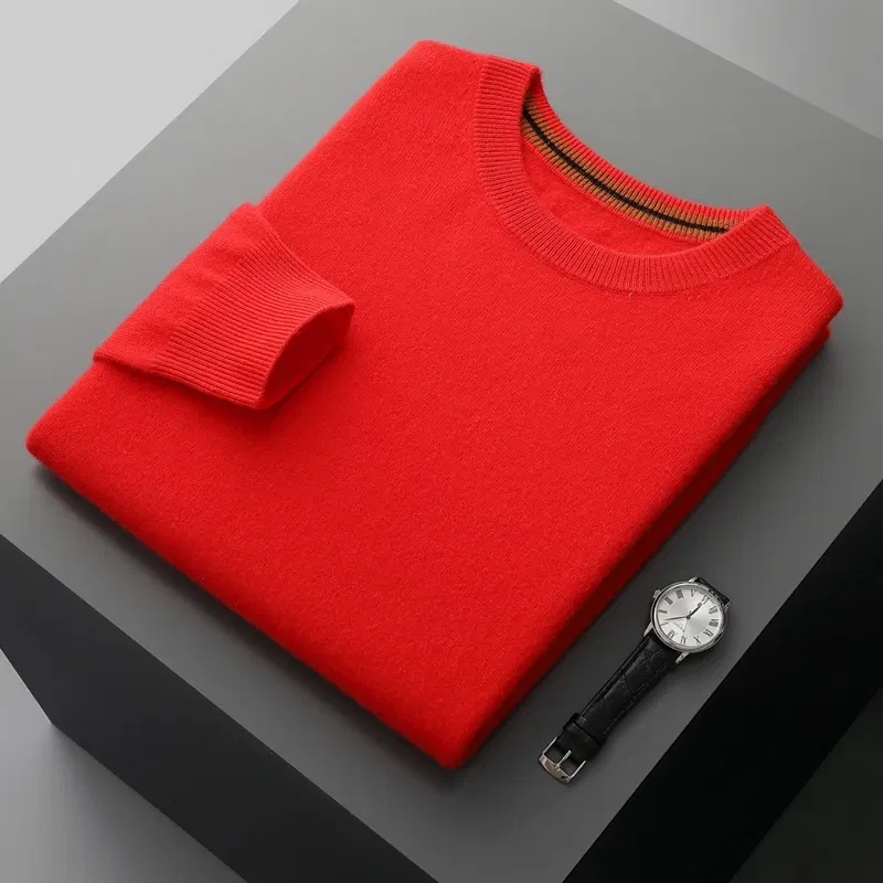 Color: Khaki, Size: L, Ships From: CHINA - Autumn Winter Men's O-Neck Pullover Sweater 100% Cashmere Simple Basic Knitwear Cashmere Solid Color Clothing Casual Warm Tops