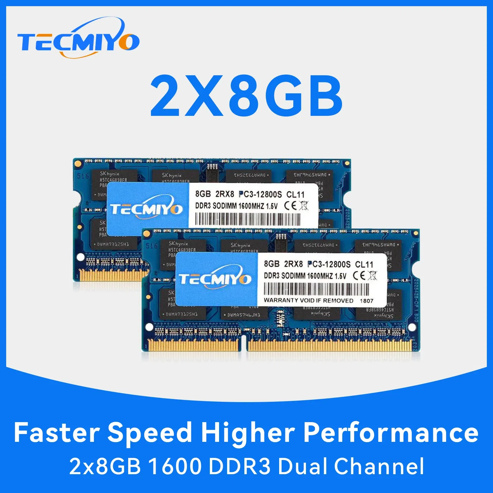 TECMIYO 2X8GB DDR3 1600MHz SODIMM Laptop Memory RAM DDR3 8GB 1600MHz  SODIMM 1.5V PC3-12800S  Non-ECC - Blue