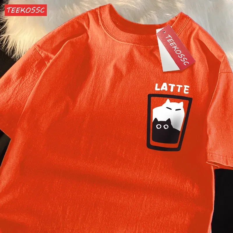 Color: Pink, Size: S - Mocha Latte Couple Outfit Cat Coffee Couple Male T-Shirts Graphic Cool Tee Shirt High-Quality Oversized Tshirt Comfort Soft