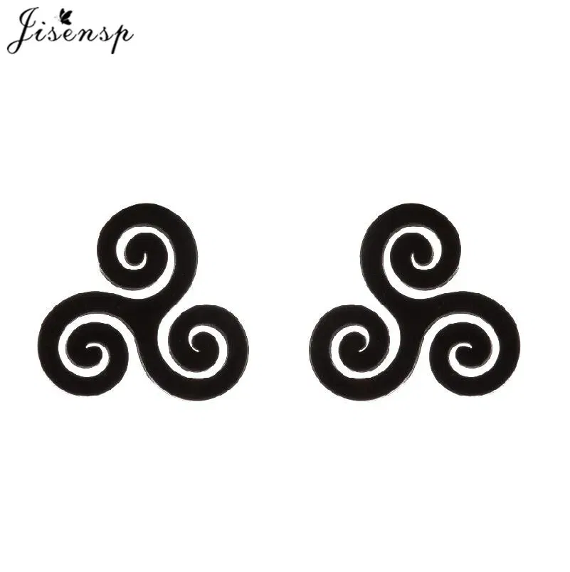 Metal Color: Imitation Rhodium Plated, Main Stone Color: Green - Cartoon The Movie Teen Wolf Triskele Triskelion Inspired Earrings Punk Stainless Steel Jewelry Triple Spiral Ear Studs Women Men