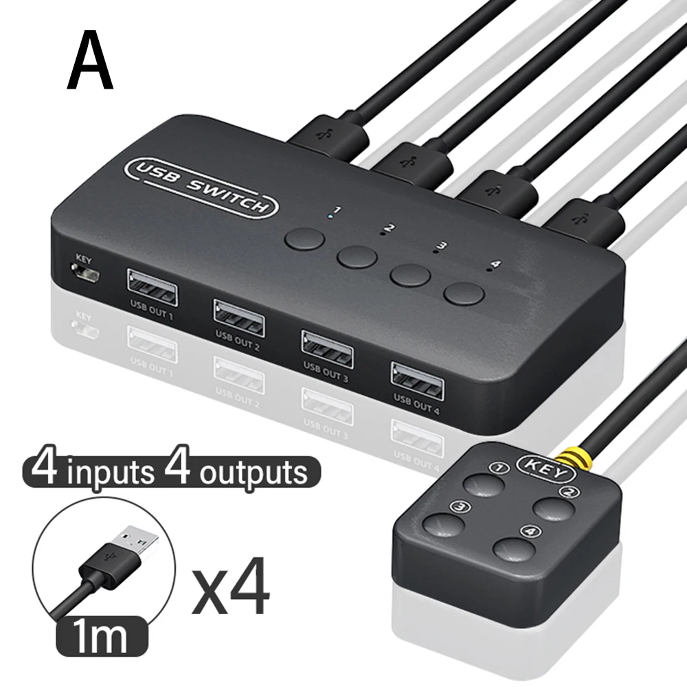 Color: WHITE - KVM Switch USB Switch Shared Controller Hub Adapter USB2.0 4 Inputs 4 Outputs For Laptop Computer Printer Keyboard Mouse Monitor