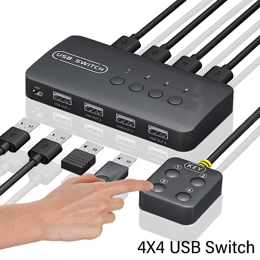 Color: WHITE - KVM Switch USB Switch Shared Controller Hub Adapter USB2.0 4 Inputs 4 Outputs For Laptop Computer Printer Keyboard Mouse Monitor