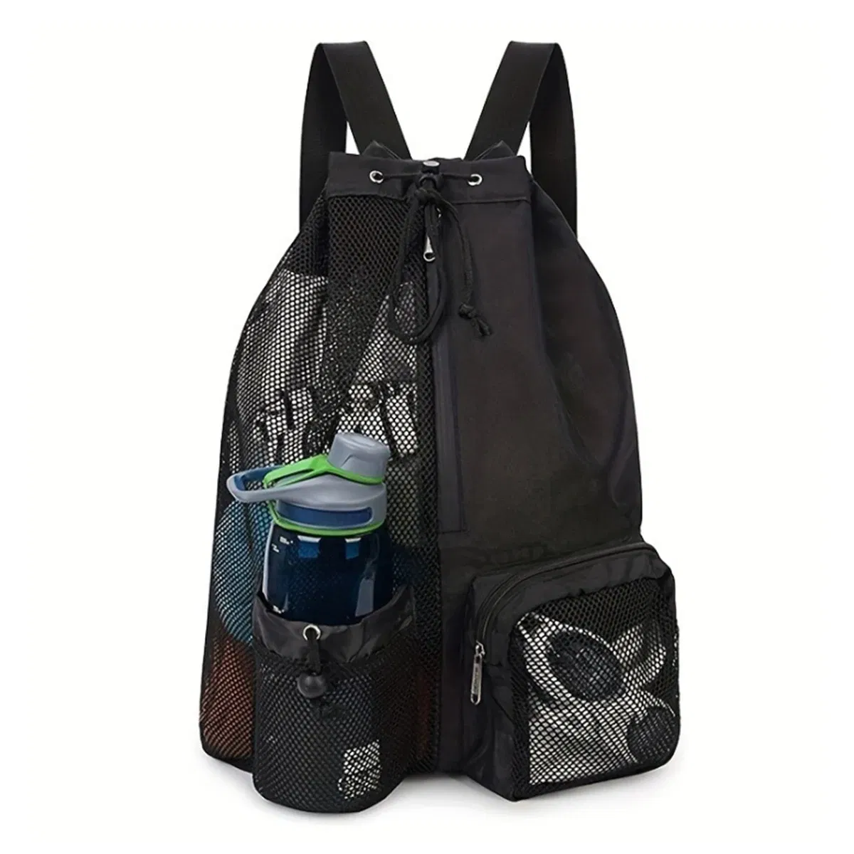 Color: black - Outdoor beach backpack, swimming bag, mesh perforated drawstring backpack with wet bag, gym yoga exercise storage bag, 1 set