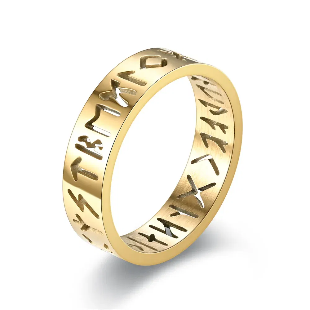 Main Stone Color: GOLD, Ring Size: 3.5 - 2023 New Stainless Steel Hollow Out Ring for Men Women Fashion Hollow Rune Design Finger Anillo Antiestres Anxiety Rings
