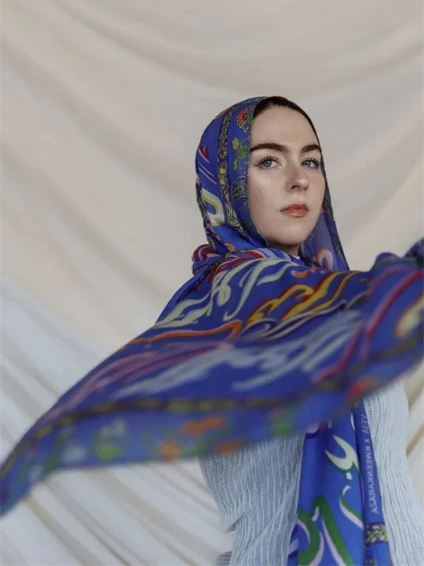 Color: Cyan - 1Pcs Ramadan Hijab Leopard Print Women Bohemian Watercolor Soft Muslim Hijabs Floral Breathable Shawl Wrap Scarf Headscarf Warm