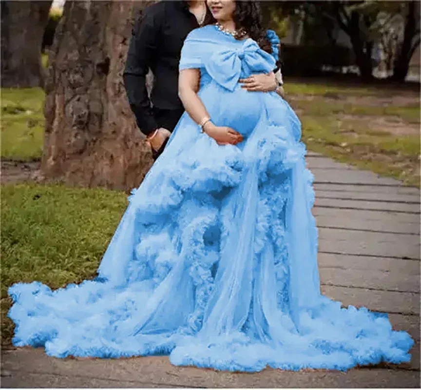 Color: SKY BLUE, Maternity Size: 14, Ships From: CHINA - BIG BOW Tulle Ruffle maternity dresses photoshoot baby shower п?»?°?‚ь?µ д?»я ?±?µр?µм?µнн?‹?… فس?§تي?† ?&s