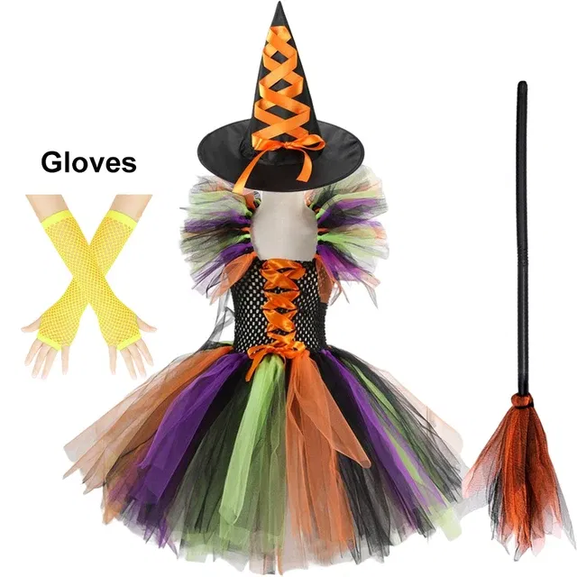 Color: Lavender, Kid Size: 2T - Halloween Witch Tutu Dress for Girls Handmade Mesh Bat Wizard Cosplay Costumes with Hat Broom Toddler Evil Party Clothes Set