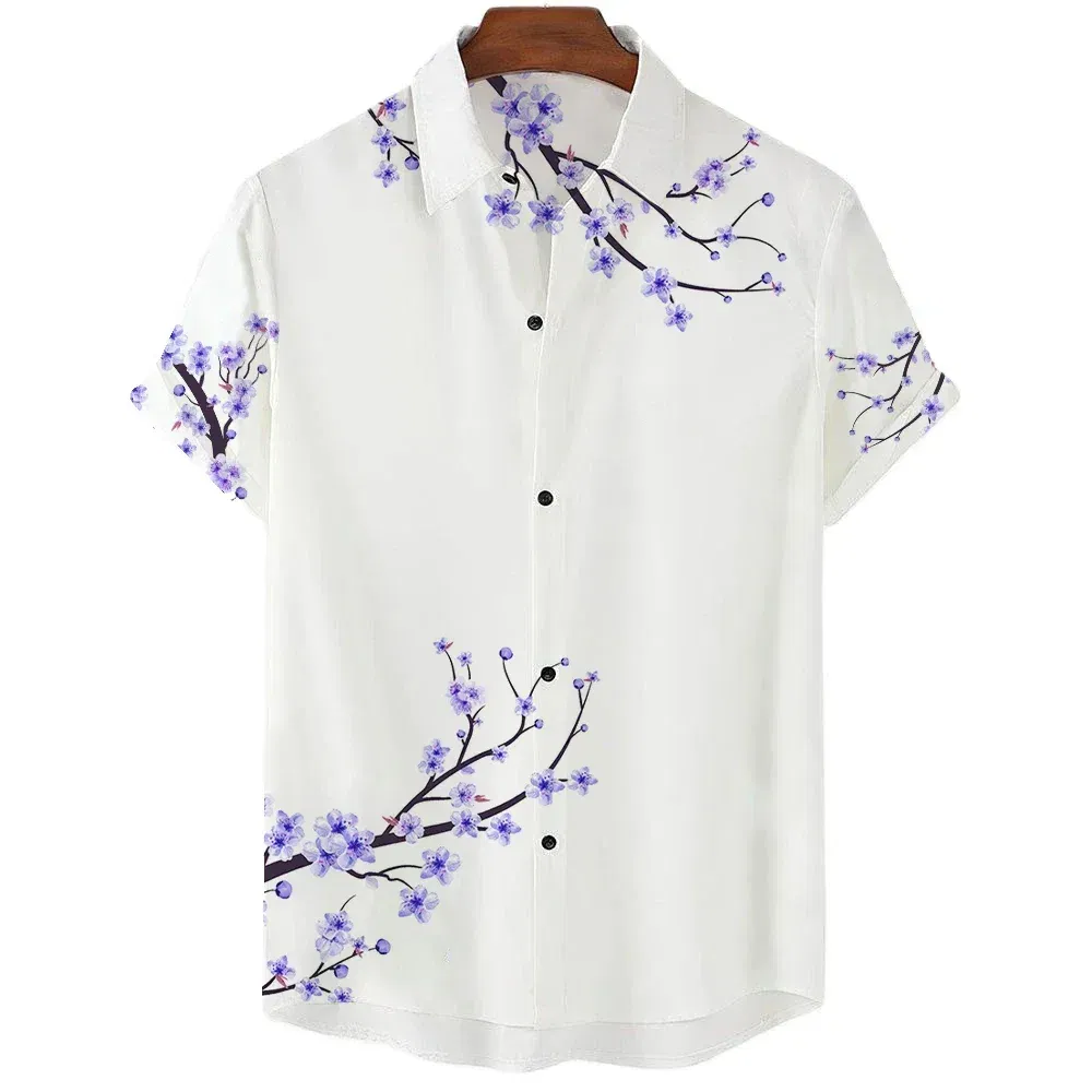 Color: Fuchsia, Size: L - Fashionable Luxury Social men's Shirt Lapel button-down Shirt Casual Japanese Aesthetic Cherry Blossom Print short-sleeved Tops