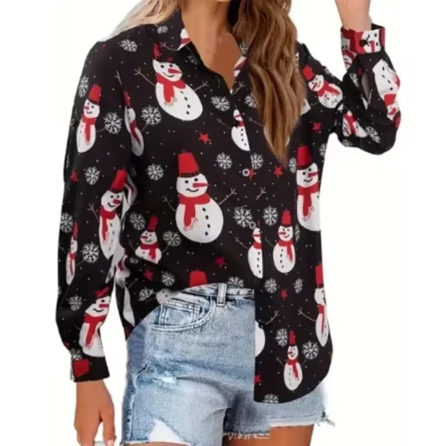 Color: Blue, Size: XL, Ships From: CHINA - Women New Christmas Shirt Cute Christmas Tree Santa Claus Print Blouses Casual Long Sleeve Button Tops Autumn Blouses Ladies