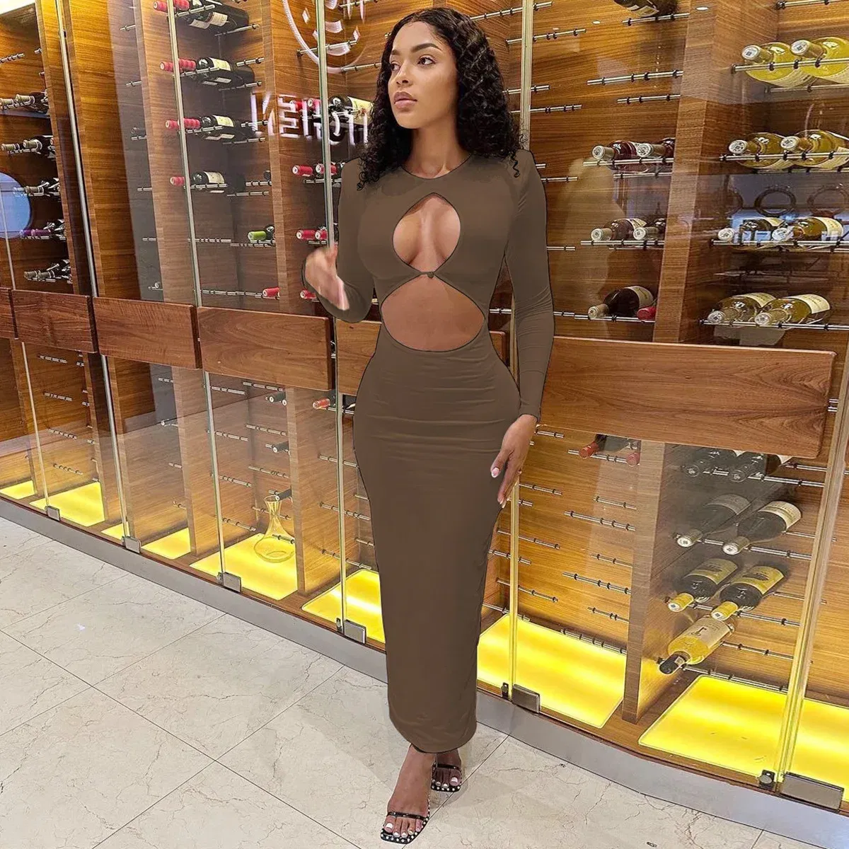 Color: Brown, Size: M - Hollow Out Sexy Long Dress White Dress Female Clothing Slim Fit Pullover Long Sleeve O-neck Long Dresses Woman Summer