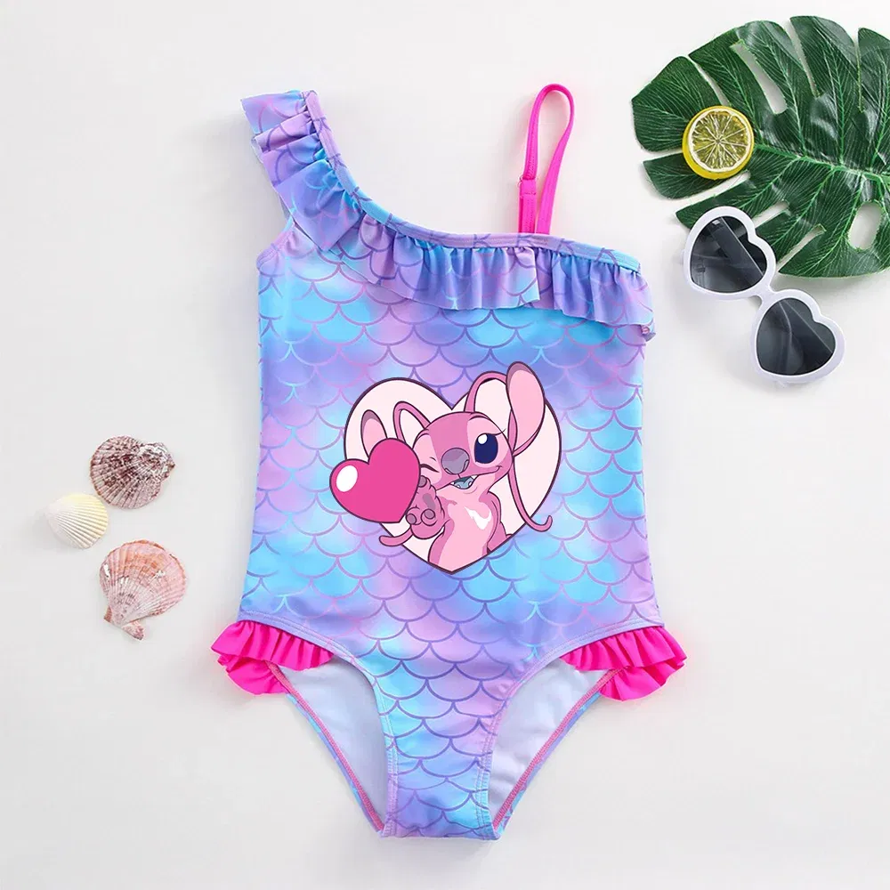 Color: Dark Grey, Size: XL - Stitch Girls Swimsuit Fashion Mermaid Fish Scale One-Piece Bathing Suits Children's Dresses Summer Swimwear Beach Suit Kids Wear