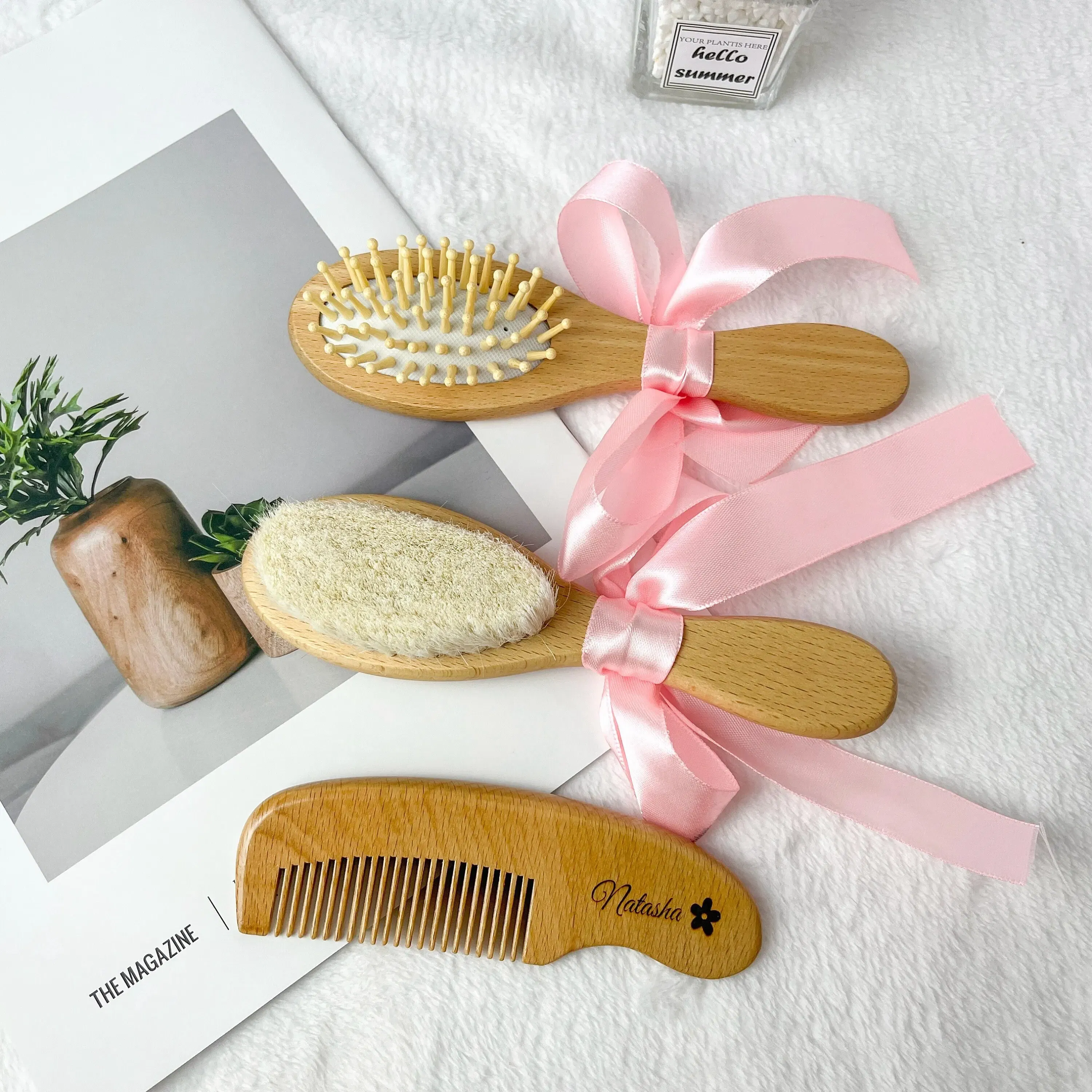 Color: Olive - Personalized Baby Care Hair Brush Pure Natural Wool Wood Comb,Engraved Newborn Massager Baby Shower and Registry Gift