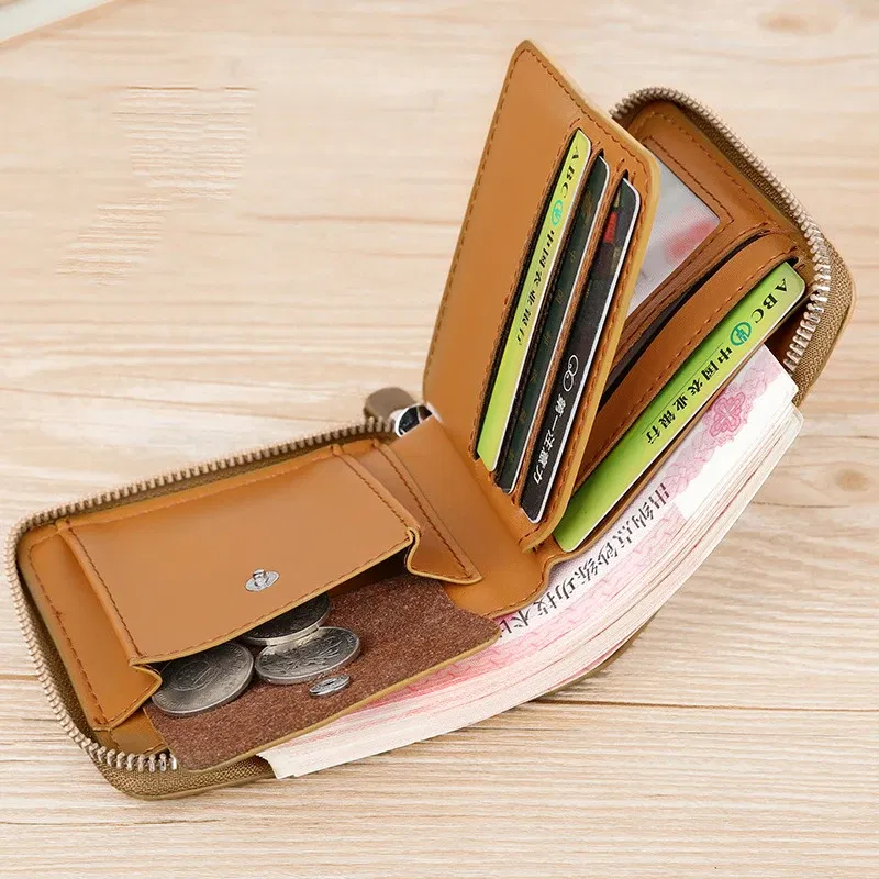 Color: Brown - Leather Men?™s Wallet Luxury MensPurse Male Zipper Card Holders with Coin Pocket Rfid Wallets Gifts for Men Money Bag