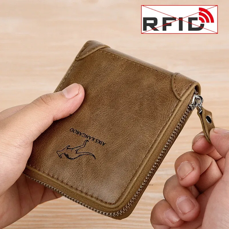 Color: Brown - Leather Men?™s Wallet Luxury MensPurse Male Zipper Card Holders with Coin Pocket Rfid Wallets Gifts for Men Money Bag