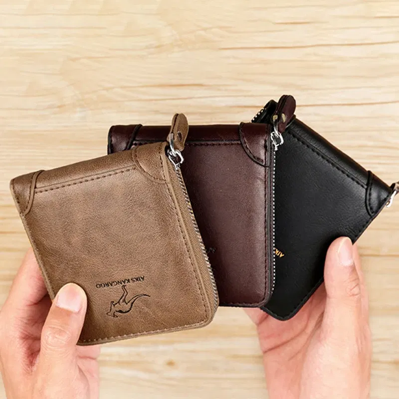 Color: Brown - Leather Men?™s Wallet Luxury MensPurse Male Zipper Card Holders with Coin Pocket Rfid Wallets Gifts for Men Money Bag