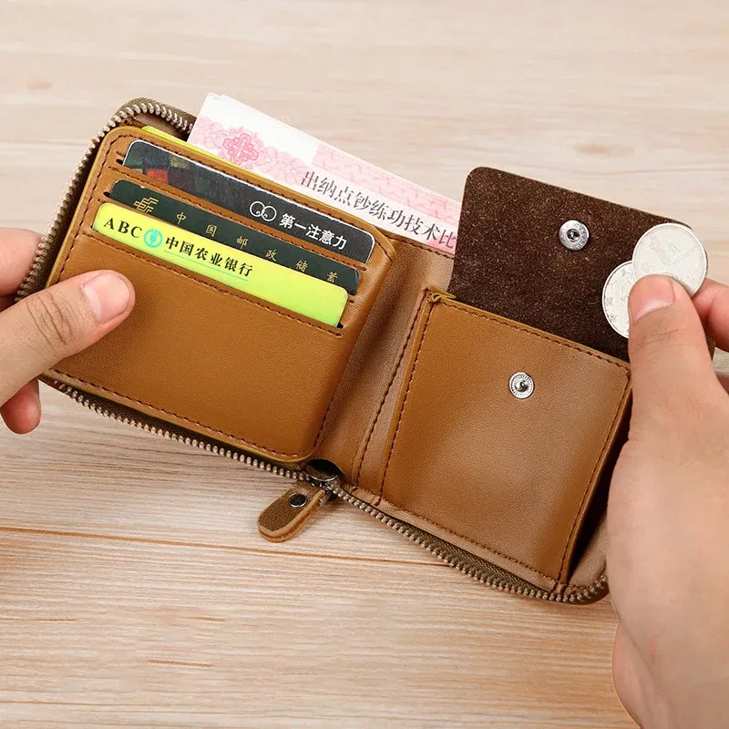 Color: Brown - Leather Men?™s Wallet Luxury MensPurse Male Zipper Card Holders with Coin Pocket Rfid Wallets Gifts for Men Money Bag