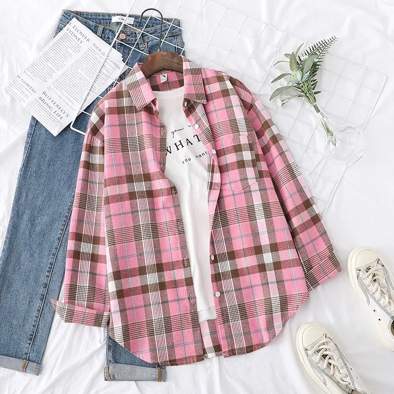 Color: Ginger, Size: L - Fresh Flannel Plaid Shirt Women 2025 New Female Blouses and Tops Cotton Loose Long Sleeve Casual Shirts Fine Women's Clothes