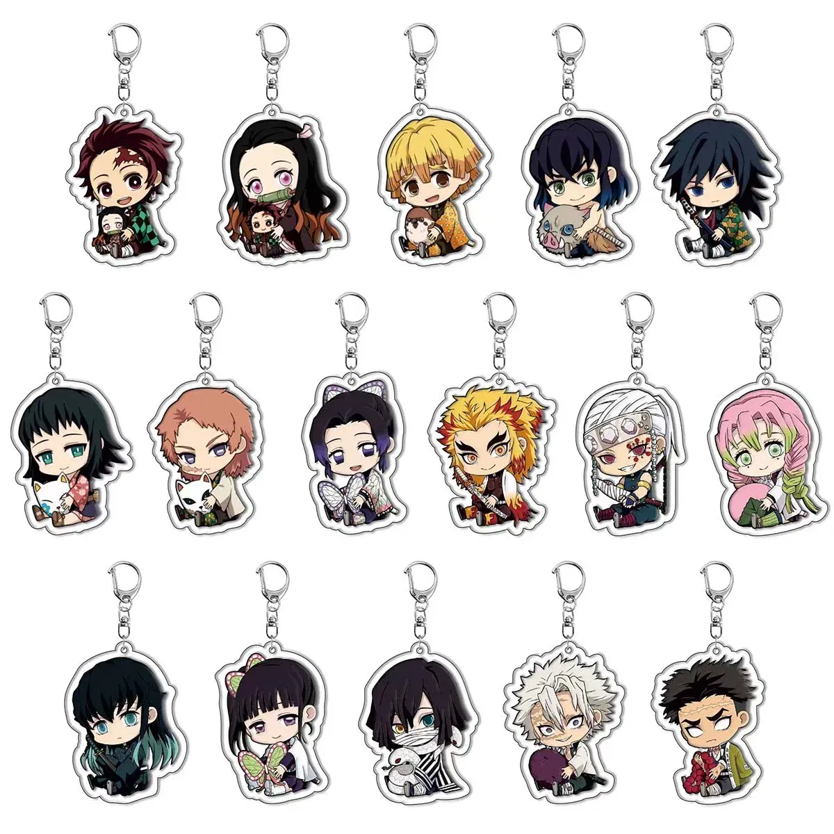 Color: GRAY - 16pcs/set Anime Keychains Keychain Demon Slayer Kimetsu No Yaiba Acrylic Key Ring Cute Funny Cartoon for Friends wholesale