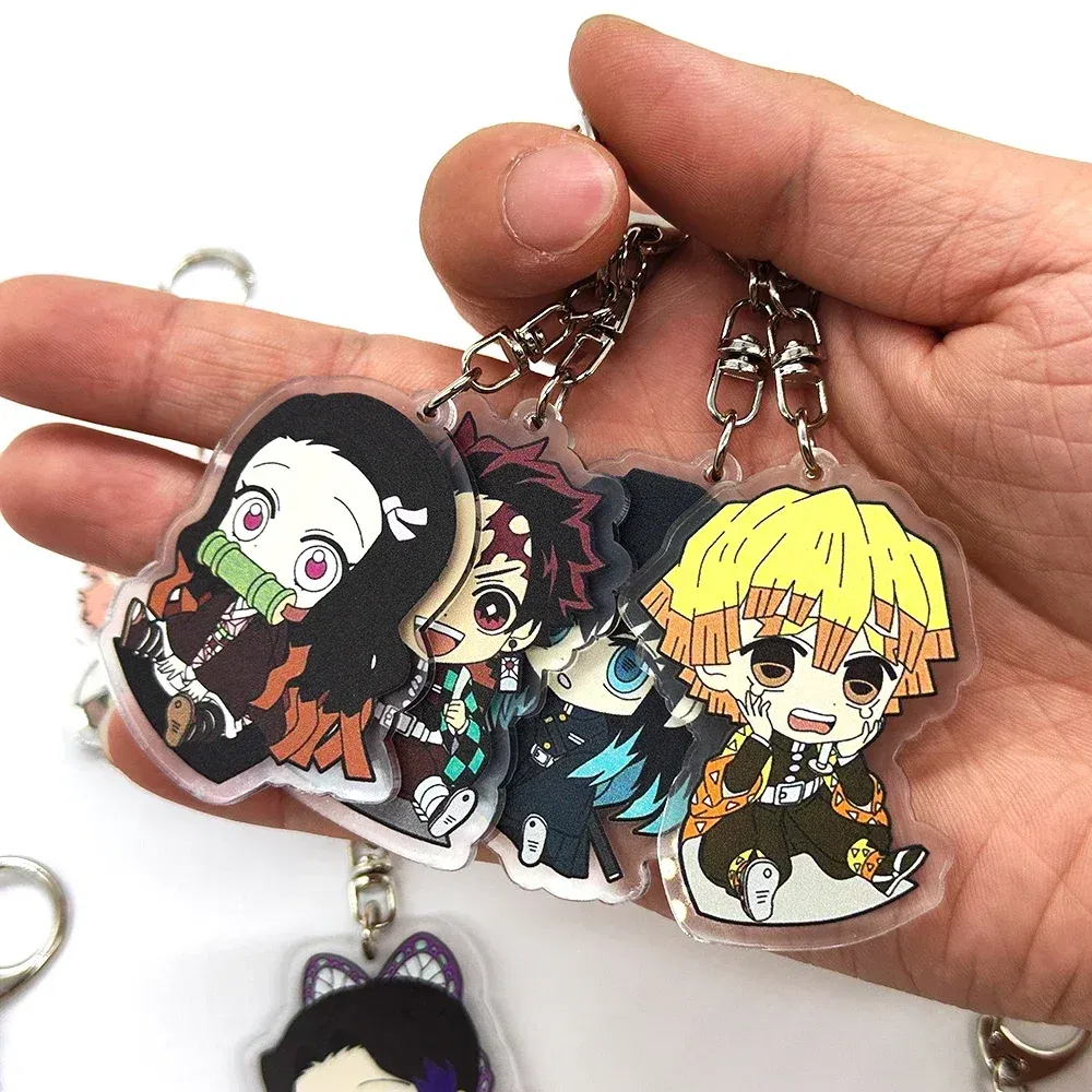 Color: GRAY - 16pcs/set Anime Keychains Keychain Demon Slayer Kimetsu No Yaiba Acrylic Key Ring Cute Funny Cartoon for Friends wholesale