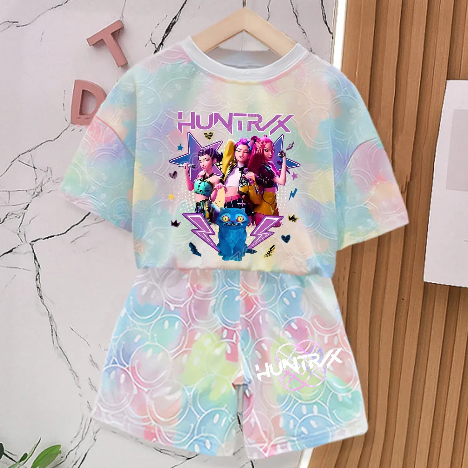 Color: Pink, Size: 3" - KPop Demon Hunters New T-shirt Pants Set Girls Summer Clothing Kawaii Smile Face Short Sleeve Outfits Kids Tee Top Pajamas Gift