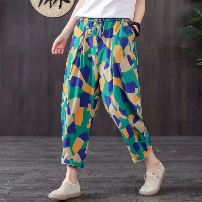 Color: Beige, Size: XL - Cotton and Linen Pants for Women Summer Printing Harem Pants Female Mother Loose Retro Fashion Women's Ankle Length Pants