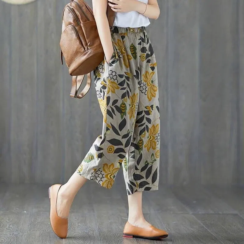 Color: Beige, Size: XL - Cotton and Linen Pants for Women Summer Printing Harem Pants Female Mother Loose Retro Fashion Women's Ankle Length Pants