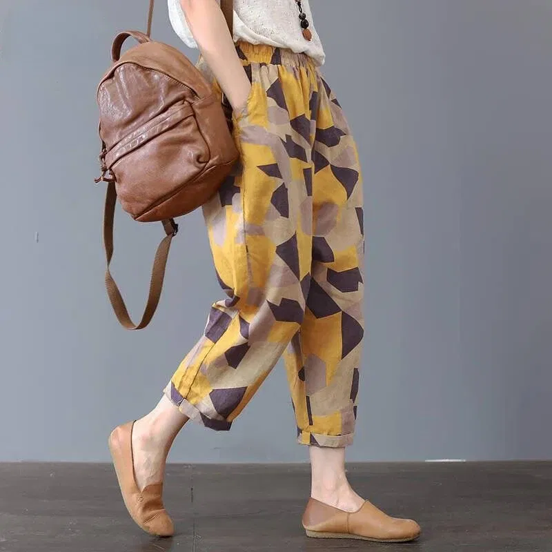 Color: Beige, Size: XL - Cotton and Linen Pants for Women Summer Printing Harem Pants Female Mother Loose Retro Fashion Women's Ankle Length Pants
