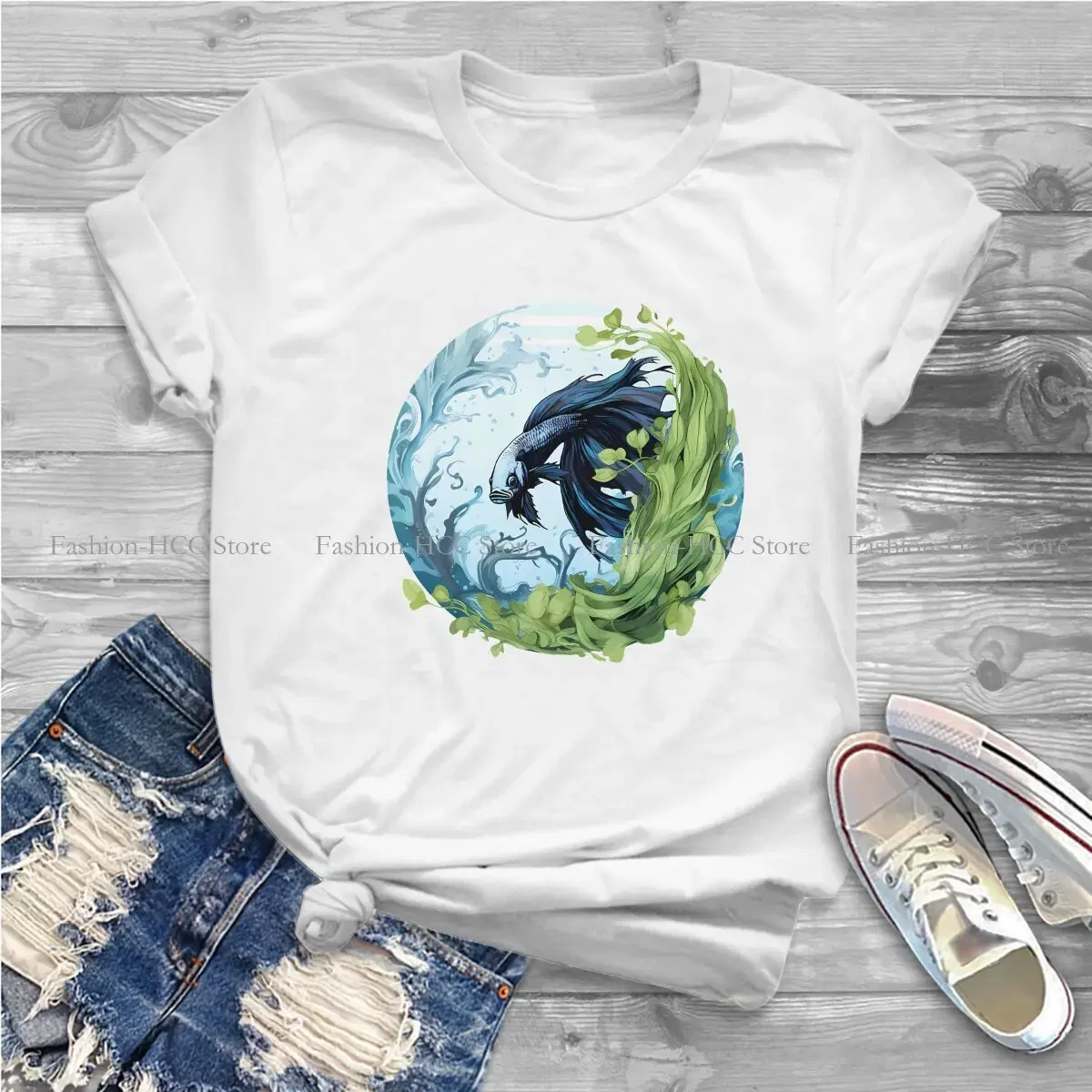 Color: WHITE, Size: XL - Betta In A Bubble Hip Hop Polyester TShirt Fish Funny Cartoon Style Tops Leisure T Shirt Female Short Sleeve